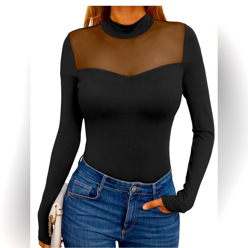 Womens Sheer Sexy Mesh Tops Long Sleeve Shirt Mock Neck Tops holiday top